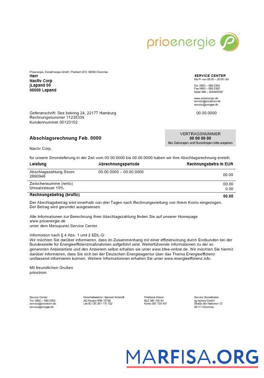Blank Germany Prioenergie proof of address business utility bill template in Word and PDF formats